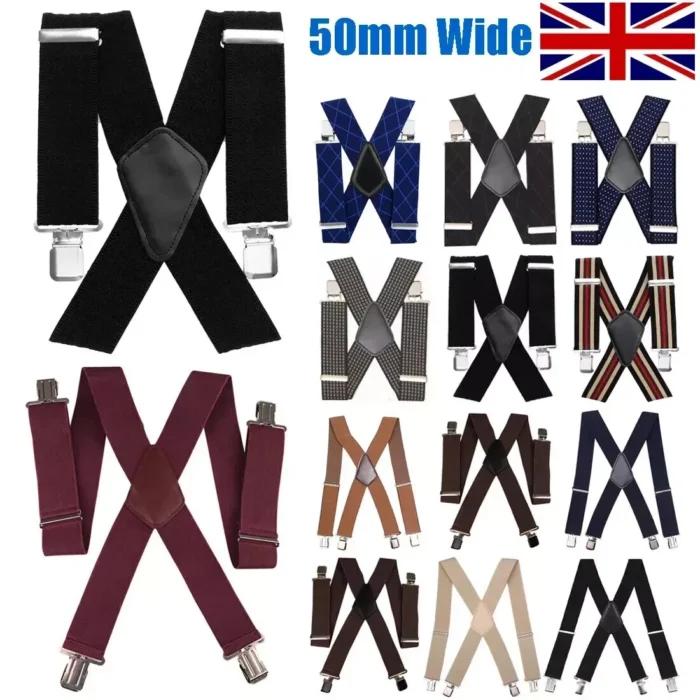 MENS XXL 50MM WIDE HEAVY DUTY X SHAPE BRACES ELASTIC SUSPENDERS TROUSER CLIPS UK